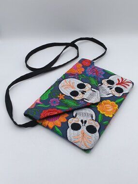 Women's Embroidered Bag with Skulls and Flowers